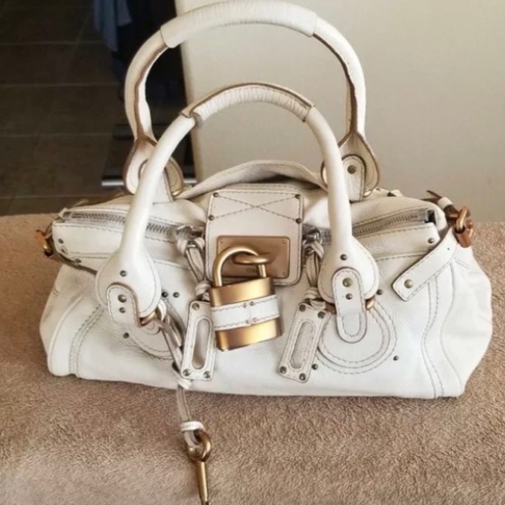 Auth Chloe Paddington Padlock+Key Bag, in Winter White  Leather/Brushed Gold HW